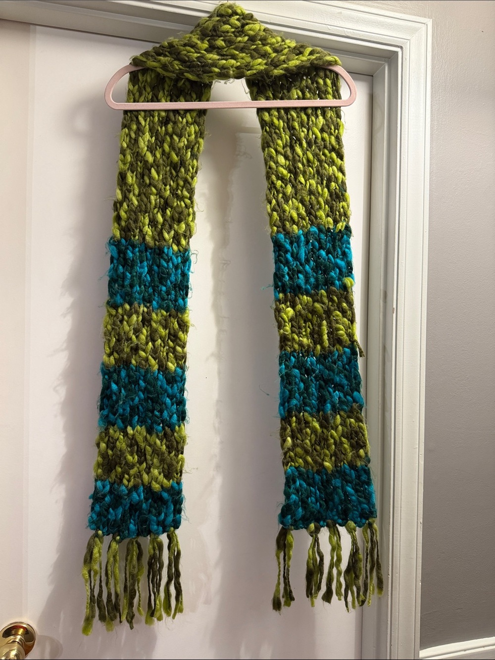 BKE Olive Green and Teal Chunky Knit Scarf with Fringe